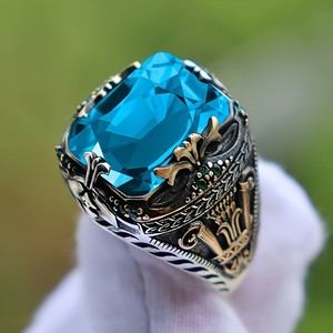 Bague de luxe pour homme en alliage de zinc, ornée de pierres précieuses, style vintage vieilli, noir et vert, forme rectangulaire, idéale pour les fêtes et les mariages - Product Image 4