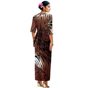 Braun Großhandel Custom Hawaii Print Samoan Puletasi Kleid Plus Size Damen Maxi Kurzarm Dressesw Damen 2 Stück Set S-6XL - Product Image 2