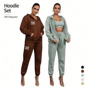 Ensemble jogging 2 pièces zippé pour femme, personnalisable avec logo, sweats à capuche et hoodies pour l'automne, style décontracté, vente en gros - Product Image 2