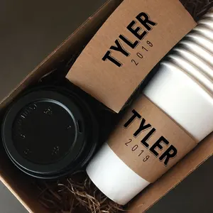 Custom Print Graphic Graduation Themed Natural White Coffee Paper Cups With Brown Kraft Sleeves Black Lids Grad Stir Sticks