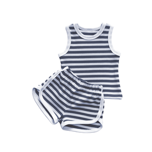 Nuove strisce di cialde ossessionate imposta su misura per bambini estivi senza maniche canotta e pantaloncini con bordi a blocchi di colore - Product Image 3