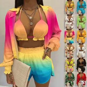 Think 2023 Sexy Beach Wear Style Printed Suspender Shirt Shorts Suit Printed Lantern Sleeve 3pc Bikini Women Three Piece Set