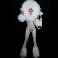 Combinaison sexy en maille transparente blanche avec strass, costume de cosplay de strip-teaseuse, combinaison de scène pour femmes, taille plus