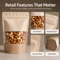 Sachet d'emballage Mylar à fermeture éclair avec fenêtre transparente mate de qualité alimentaire, personnalisable avec logo, pour amandes, noix de cajou et autres snacks, avec encoche de déchirement et base stable