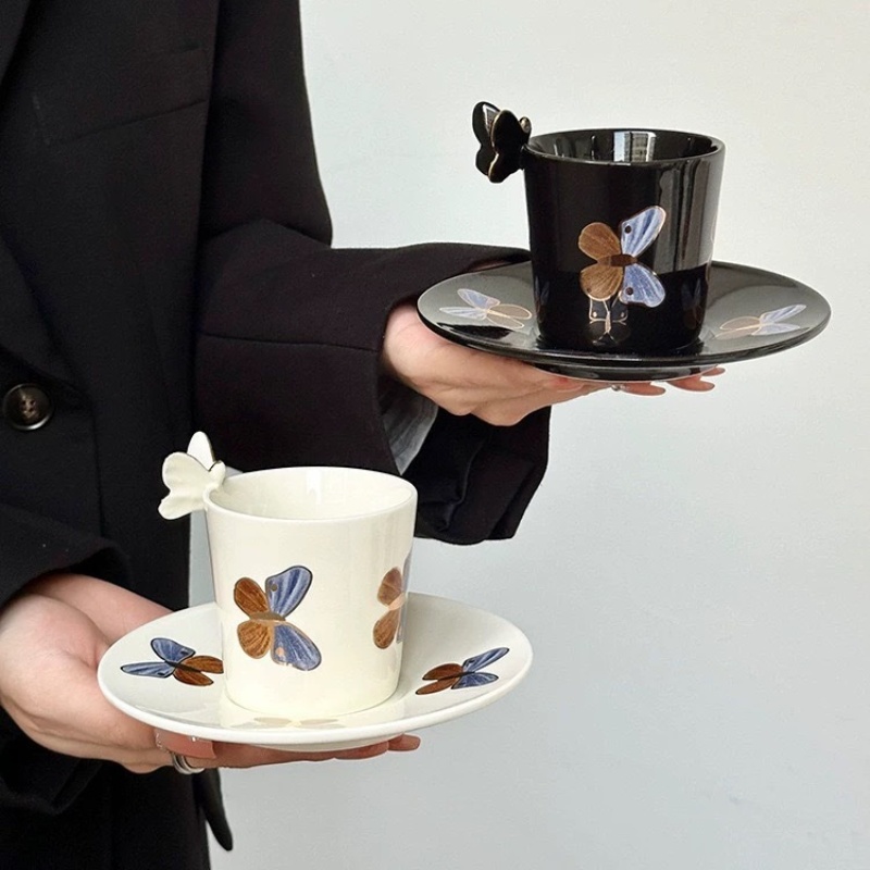 Lelyi French Vintage Butterfly Handle Coffee Cup Saucer
