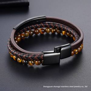 Bracciale a catena da uomo Vintage in acciaio inossidabile in vera pelle 3 colori alla moda braccialetto di gioielli per gli uomini - Product Image 6