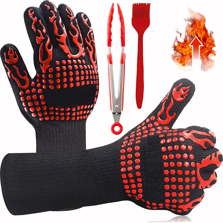 Extreme Heat Resistant Insulated Fireproof Silicone Oven Cooking Barbecue Non-Slip Grip Brush BBQ Grilling Gloves