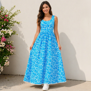 Vestido Largo Premium de Algodón Estampado Azul Estilo Western con Cuello Redondo, Sin Mangas, Dobladillo Plisado Acampanado, Casual de Verano para Playa - Product Image 1