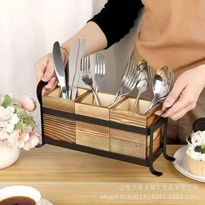 กล่องเก็บช้อนส้อมเหล็กและไม้ 33x9x15 ซม. กล่องจัดระเบียบครัวสามช่องสำหรับเก็บมีด ส้อม ช้อน แยกประเภท - Product Image 2