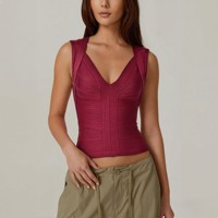 Haut d'été vintage moulant uni sans manches à col en V élégant pour femme