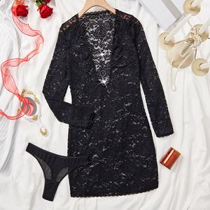 Cross Border Hot Girl European and American Sexy Chain Deep <b>V</b> Lace Embroidery Perspective Slim and Sexy Nightgown - Product Image 6