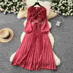Vestido Midi Plisado Delgado de Verano 2025 para Mujer, Sostenible, Casual, Transpirable, Tejido, con Manga Linterna, Corte Imperio, Lavable y Antiestático - Product Image 3