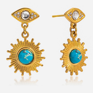 Boucles d'oreilles pendantes plaquées or 18 carats, motif œil turc bleu turquoise et soleil, pour usage quotidien - Product Image 1