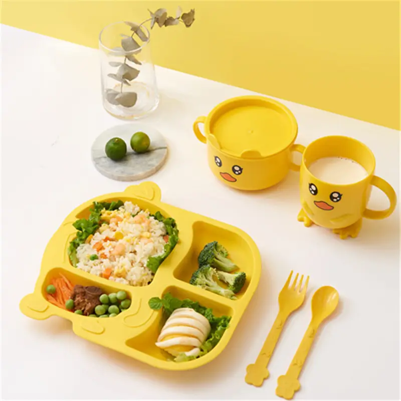 Cartoon Yellow Duck 5 Pack Tableware Sets Plate Spoon Bowl With Lid PP Non Toxic Dinnerware Set Kids Melamine Free