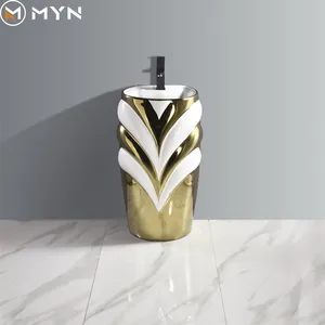Electroplate Luxury Gold Silver White Color Washbasin One-Piece Bathroom Sink Ceramic Pedestal Basin