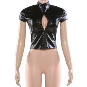 Viviblook Z0130TP02 Nueva Camiseta Corta de Manga Corta para Mujer, Sexy, Ajustada, con Cuello Alto, de Color Sólido, en Cuero Sintético - Product Image 4