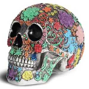 Halloween Highly Realistic Floral Pattern Human Skull Head Statue Decor