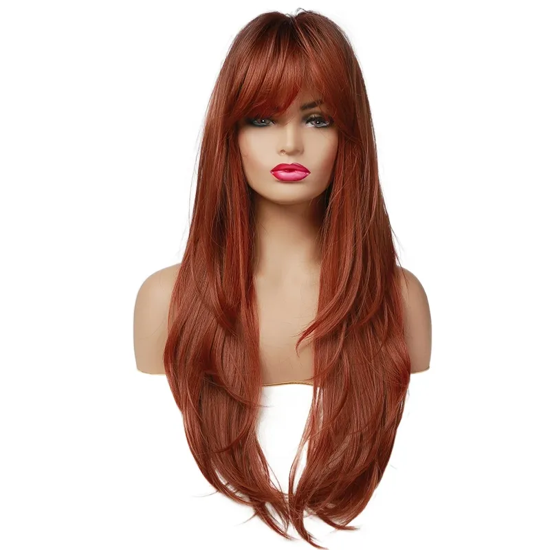 Meiwei Hot Sale Cheap Nature Synthetic Natural Cosplay Wig Hair Bangs Full Wigs Long Straight Wavy Wine Red