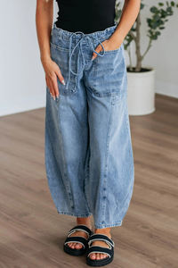 Dear-Lover Wholesale Myosotis Large Patch Pocket <strong>Paperbag</strong> Waist Barrel New <strong>Women</strong> Drawstring <strong>Jeans</strong> - Product Image 3