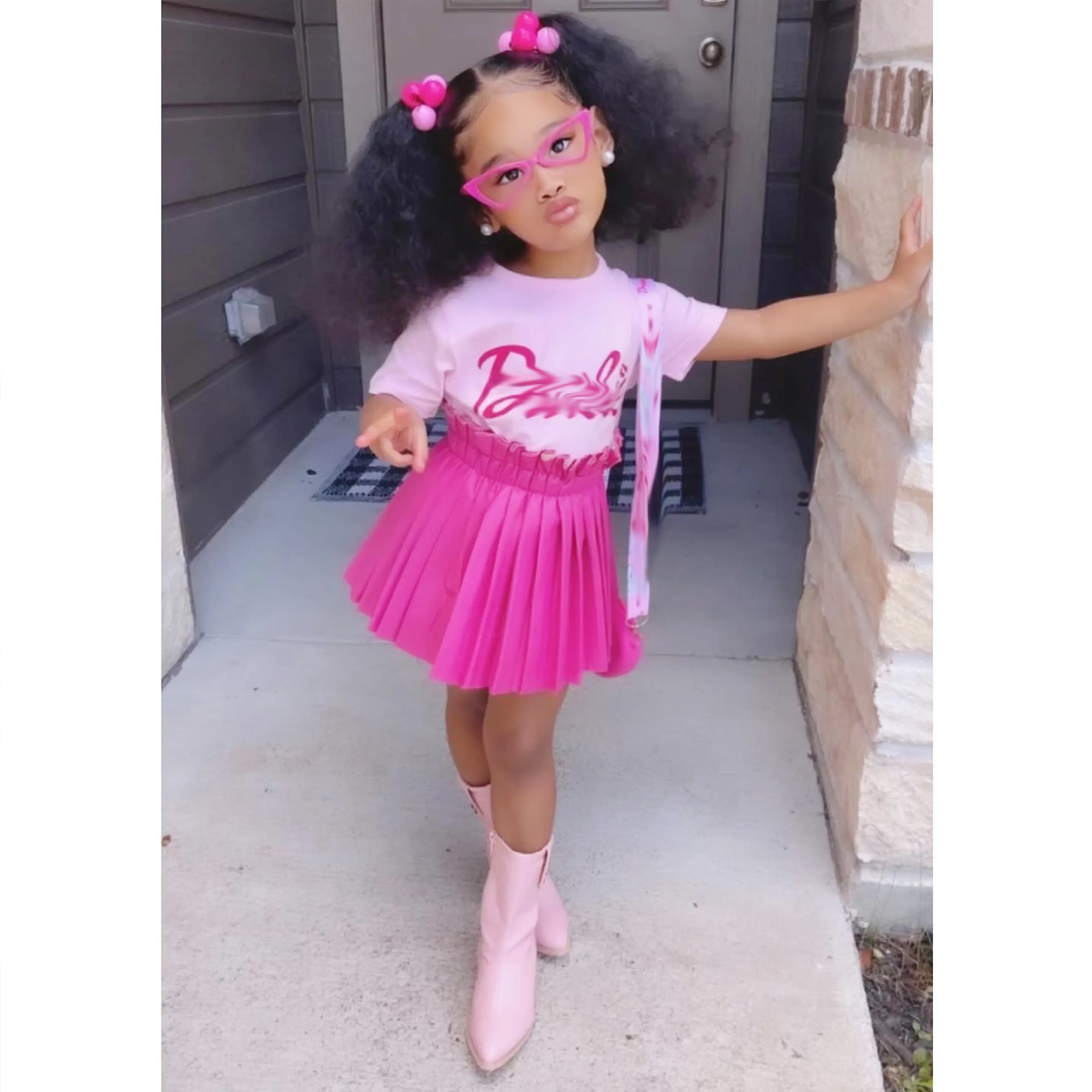 RTS 2023 Ready To Ship Clothes Kids Girls Summer Clothing Set Children Clothing Baby Girls Casual Pink Kids 3-piece Clothing Set
