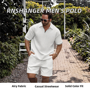 Men's <b>Waffle</b> Polo <b>Shirt</b> and Shorts Set Breathable Knitted Summer Casual Sports Outfit - Product Image 2