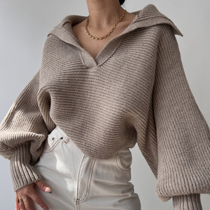 여성 스웨터 턴 다운 칼라 니트 스웨터 여성 풀오버 탑 여성 의류 - Product Image 4