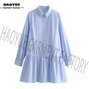 Robe <span class=keywords><strong>midi</strong></span> décontractée élégante en mousseline de soie bleu ciel à broderie anglaise et rayures, à manches longues, pour femme, fabriquée sur mesure - Product Image 1