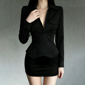 Camisa entallada asimétrica con estampado de rayas, cuello en V profundo, bolsillo, que moldea la cintura, sexy y elegante, para ir al trabajo en otoño - Product Image 3