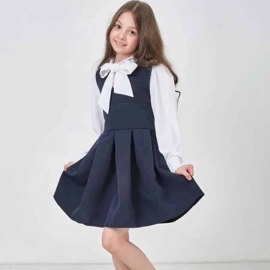 Girls summer school uniform jumper formal solid stretch fit pleated hem kids sleeveless black dress