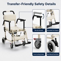 Fauteuil de douche et de transfert portable en alliage d'aluminium réglable avec accoudoirs rabattables et seau amovible