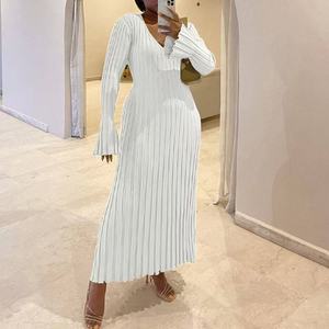 Nouvelle Robe Longue Tricotée Vintage pour Femme, Coupe Trapèze, Col en V, Manches Longues, Anti-Plis, Tissu Satiné, Collection <span class=keywords><strong>Printemps</strong></span> - Product Image 1