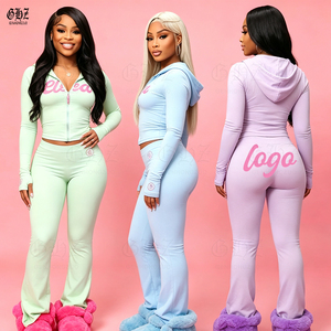 Completo da donna stile Y2K a 2 pezzi: Top con cappuccio e zip, vestibilità skinny, pantaloni yoga a zampa per ragazze alte - Product Image 1