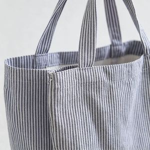 Custom Logo Striped Tote Vintage Handheld Shopping Pouch Lightweight Fabric Grocery Bag - Product Image 2