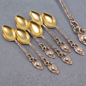 Vintage <b>Gold</b> Plated Tea Spoons With Ornate Silver Handles <b>Long</b> Handle Flatware Cutlery Set <b>Mirror</b> Polish Durable Design - Product Image 1