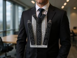 Bretelle da uomo fantasia con stampa a trasferimento termico, larghezza 3,5 cm, pois bianchi e neri, design a Y per abbigliamento formale - Product Image 2