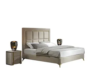 Modern luxury upholstered sofa velvet king bed furniture set fashion gold frame double wedding bed design