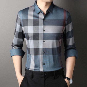 Chemise à carreaux pour homme, manches longues, en coton tricoté, col rabattu, boutonnée, style décontracté - Product Image 4