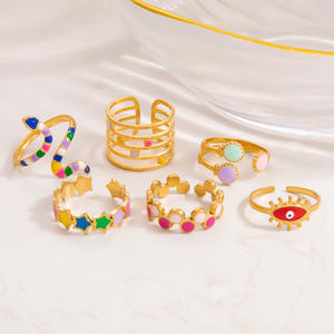 Fashion <b>Rings</b> Women's Gold Plated Star Heart Snake Pattern Party Jewelry Set Colorful Inlay Design Adjustable Size JZ21362 - Product Image 2