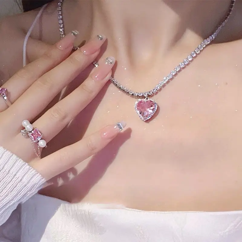 도매 고품질 핑크 다이아몬드 하트 큐빅 지르코니아 테니스 체인 목걸이 보석
