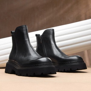 Botas de cuero genuino de alta gama, elegantes botas de trabajo con punta redonda, botas cortas casuales con cremalleras, zapatos para hombre - Product Image 3