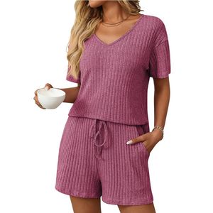 Conjunto de 2 Piezas de Verano, Unisex, Casual, Ecológico, Transpirable, Cuello en V, Midi, Shorts, Color Sólido, Manga Corta Acanalado - Product Image 2