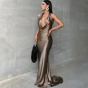 Lygens 3302 Halter Pu Faux Leather Ruched Backless Maxi Women'S Dresses Elegant Evening Party Lady Summer Autumn Women Clothes