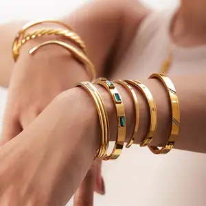 Werkspreis wasserdichtes manschettenarmband damen edelstahlblech 18k gold kubik zirkonia armreifen