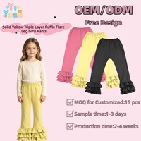 Pantalones acampanados para niñas, color amarillo claro, con triple capa de volantes, cintura elástica, sueltos, rectos, informales, para primavera