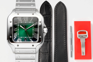 Un elegante reloj mecánico automático con una esfera con diseño de sol en degradado verde y una ventana para el calendario. - Product Image 1