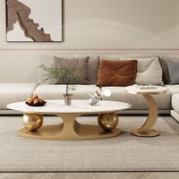 Italienischer Stil Glänzender Stein- & Metall-Oval-Couchtisch-Set Modernes Design Leichter Luxus Umweltfreundliche Wohnmöbel