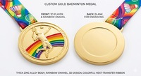 Médaille de badminton personnalisée plaquée or en alliage de zinc, vente en gros, faible MOQ, moulage 3D, logo personnalisé, médaille de compétition sportive de badminton