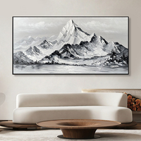Grande peinture de paysage de montagne avec art de toile de couteau à palette noir et blanc arylique texturé sur cadre noir