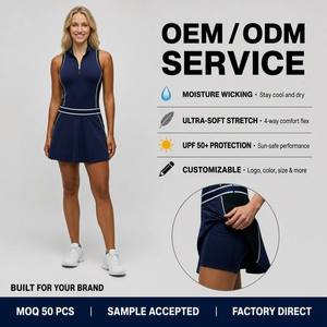 Vestido de Golf y Tenis Haoxichen para Mujer, Color Azul Marino, <span class=keywords><strong>con</strong></span> Cuello de Cierre de Cremallera, <span class=keywords><strong>Falda</strong></span> Plisada, Shorts Integrados, Secado Rápido, Venta al Por Mayor OEM - Product Image 1