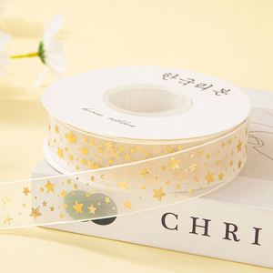 Ruban en Chiffon à Mailles avec Logo Personnalisé, 2,5 cm, 10 Yards, Chiffon à Mailles avec Étoiles Dorées et Cœurs pour Boîte Cadeau Florale - Product Image 6